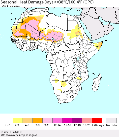 Africa Seasonal Heat Damage Days >=38°C/100°F (CPC) Thematic Map For 10/1/2021 - 10/10/2021