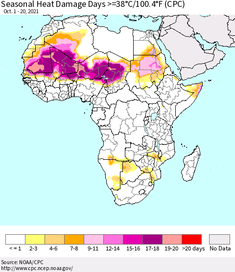 Africa Seasonal Heat Damage Days >=38°C/100°F (CPC) Thematic Map For 10/1/2021 - 10/20/2021