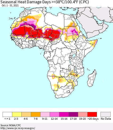 Africa Seasonal Heat Damage Days >=38°C/100°F (CPC) Thematic Map For 10/1/2021 - 10/31/2021