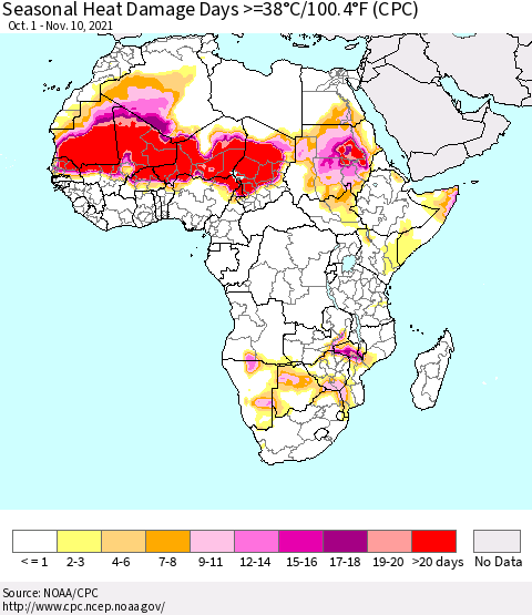 Africa Seasonal Heat Damage Days >=38°C/100°F (CPC) Thematic Map For 10/1/2021 - 11/10/2021