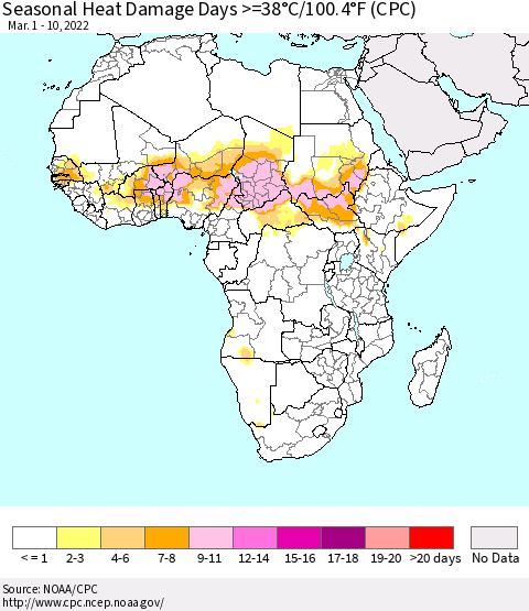Africa Seasonal Heat Damage Days >=38°C/100°F (CPC) Thematic Map For 3/1/2022 - 3/10/2022