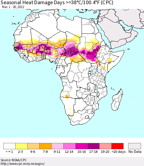 Africa Seasonal Heat Damage Days >=38°C/100°F (CPC) Thematic Map For 3/1/2022 - 3/20/2022