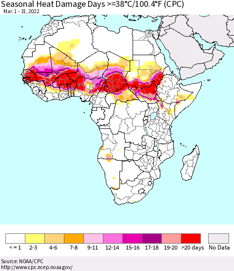 Africa Seasonal Heat Damage Days >=38°C/100°F (CPC) Thematic Map For 3/1/2022 - 3/31/2022