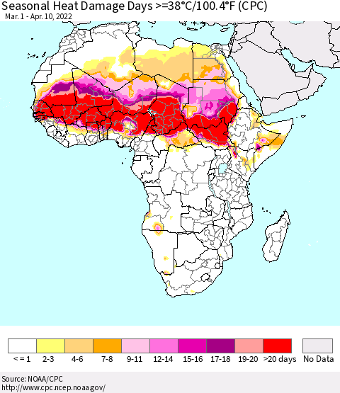 Africa Seasonal Heat Damage Days >=38°C/100°F (CPC) Thematic Map For 3/1/2022 - 4/10/2022