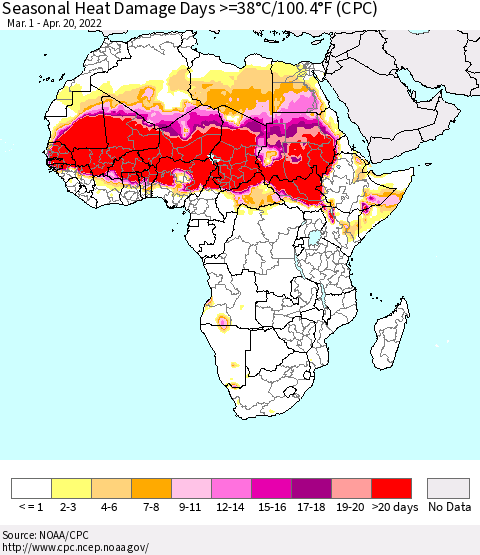 Africa Seasonal Heat Damage Days >=38°C/100°F (CPC) Thematic Map For 3/1/2022 - 4/20/2022