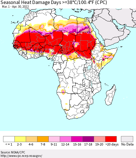 Africa Seasonal Heat Damage Days >=38°C/100°F (CPC) Thematic Map For 3/1/2022 - 4/30/2022