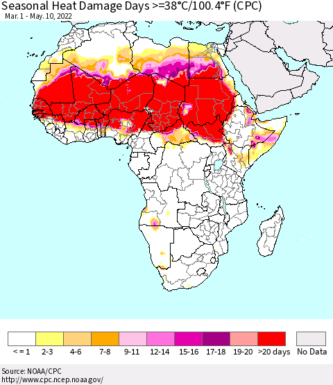 Africa Seasonal Heat Damage Days >=38°C/100°F (CPC) Thematic Map For 3/1/2022 - 5/10/2022