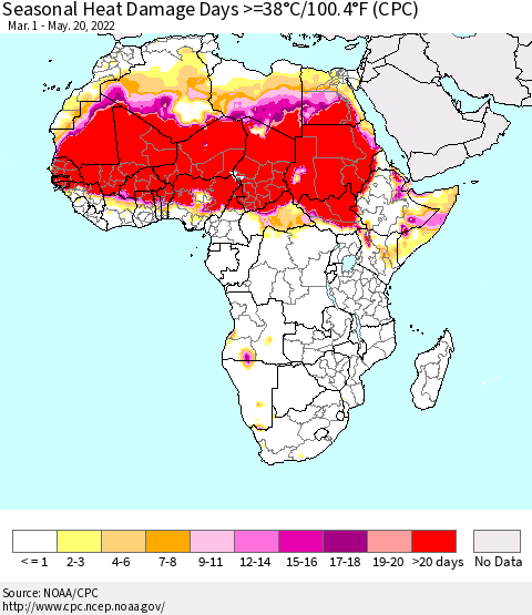 Africa Seasonal Heat Damage Days >=38°C/100°F (CPC) Thematic Map For 3/1/2022 - 5/20/2022