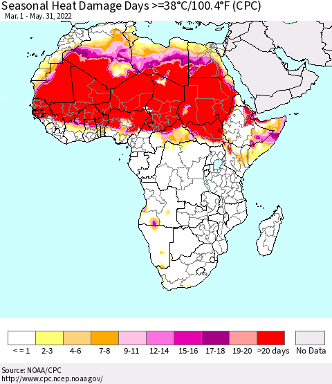 Africa Seasonal Heat Damage Days >=38°C/100°F (CPC) Thematic Map For 3/1/2022 - 5/31/2022