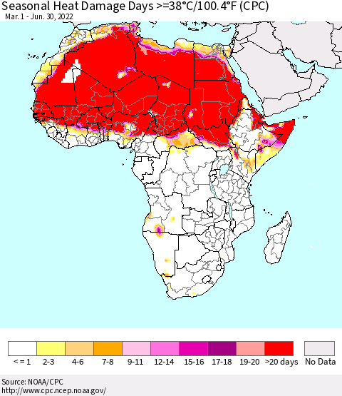 Africa Seasonal Heat Damage Days >=38°C/100°F (CPC) Thematic Map For 3/1/2022 - 6/30/2022