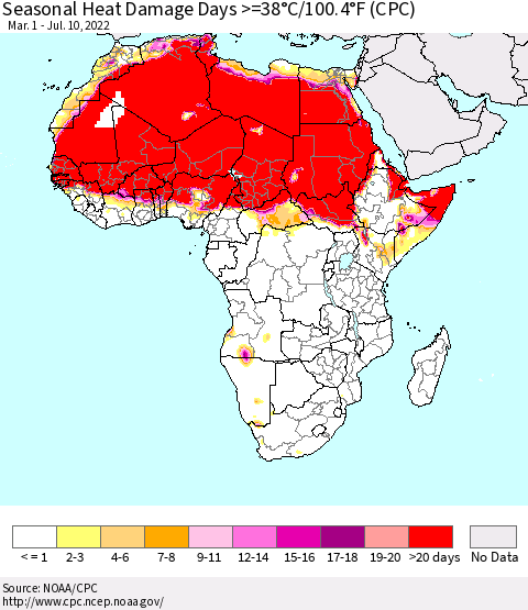 Africa Seasonal Heat Damage Days >=38°C/100°F (CPC) Thematic Map For 3/1/2022 - 7/10/2022
