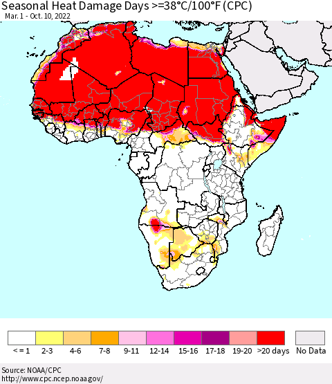 Africa Seasonal Heat Damage Days >=38°C/100°F (CPC) Thematic Map For 3/1/2022 - 10/10/2022