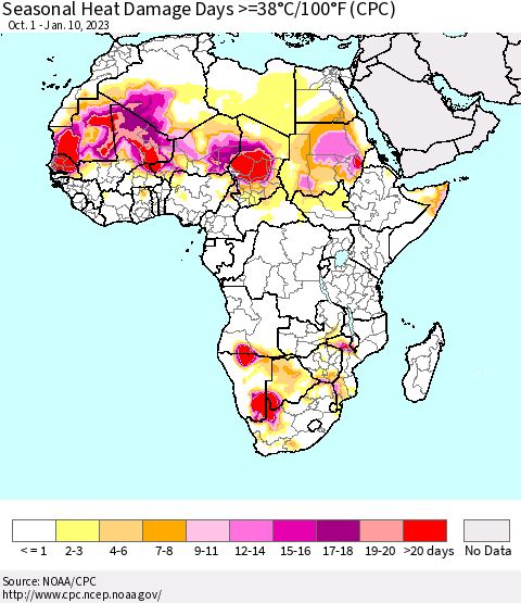 Africa Seasonal Heat Damage Days >=38°C/100°F (CPC) Thematic Map For 10/1/2022 - 1/10/2023