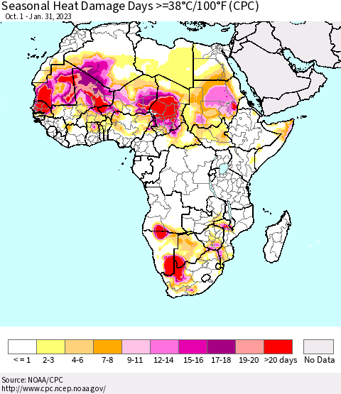 Africa Seasonal Heat Damage Days >=38°C/100°F (CPC) Thematic Map For 10/1/2022 - 1/31/2023