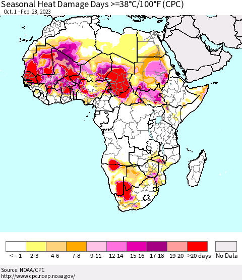 Africa Seasonal Heat Damage Days >=38°C/100°F (CPC) Thematic Map For 10/1/2022 - 2/28/2023
