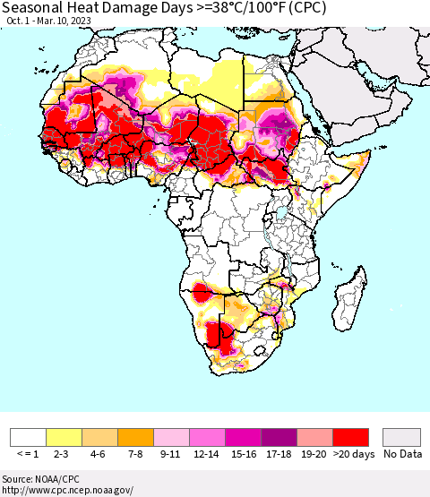 Africa Seasonal Heat Damage Days >=38°C/100°F (CPC) Thematic Map For 10/1/2022 - 3/10/2023