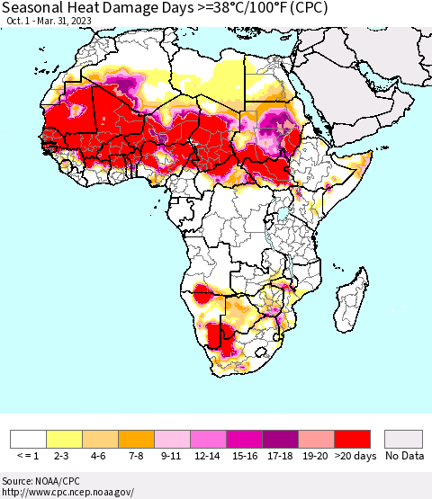 Africa Seasonal Heat Damage Days >=38°C/100°F (CPC) Thematic Map For 10/1/2022 - 3/31/2023