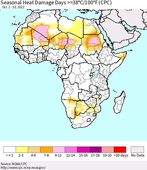 Africa Seasonal Heat Damage Days >=38°C/100°F (CPC) Thematic Map For 10/1/2022 - 10/10/2022