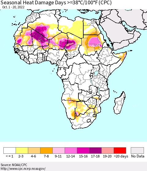Africa Seasonal Heat Damage Days >=38°C/100°F (CPC) Thematic Map For 10/1/2022 - 10/20/2022