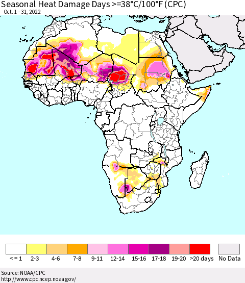 Africa Seasonal Heat Damage Days >=38°C/100°F (CPC) Thematic Map For 10/1/2022 - 10/31/2022