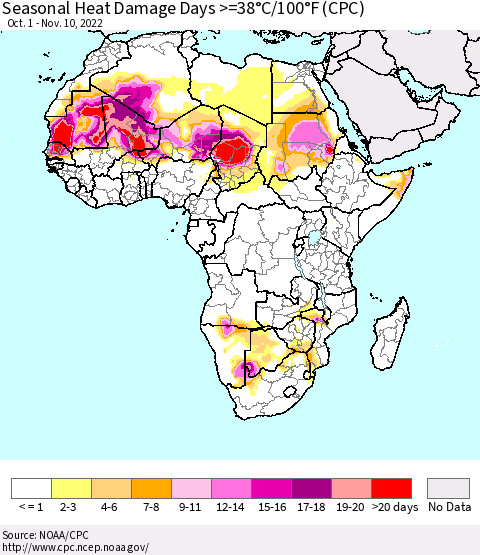 Africa Seasonal Heat Damage Days >=38°C/100°F (CPC) Thematic Map For 10/1/2022 - 11/10/2022