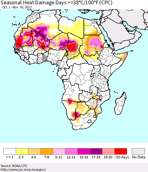 Africa Seasonal Heat Damage Days >=38°C/100°F (CPC) Thematic Map For 10/1/2022 - 11/30/2022