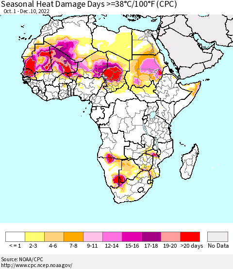 Africa Seasonal Heat Damage Days >=38°C/100°F (CPC) Thematic Map For 10/1/2022 - 12/10/2022