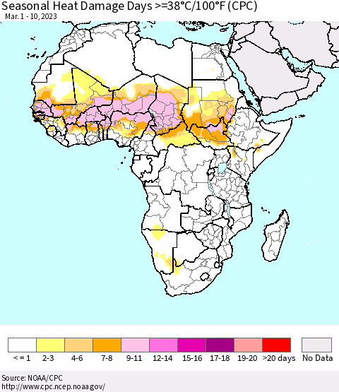 Africa Seasonal Heat Damage Days >=38°C/100°F (CPC) Thematic Map For 3/1/2023 - 3/10/2023