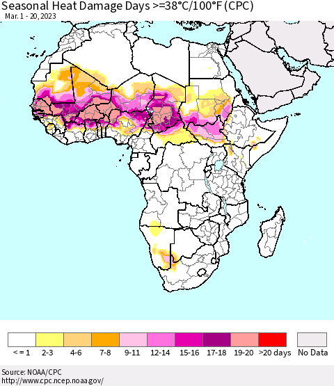 Africa Seasonal Heat Damage Days >=38°C/100°F (CPC) Thematic Map For 3/1/2023 - 3/20/2023
