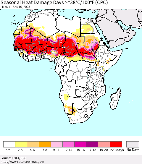 Africa Seasonal Heat Damage Days >=38°C/100°F (CPC) Thematic Map For 3/1/2023 - 4/10/2023