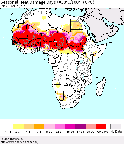 Africa Seasonal Heat Damage Days >=38°C/100°F (CPC) Thematic Map For 3/1/2023 - 4/20/2023