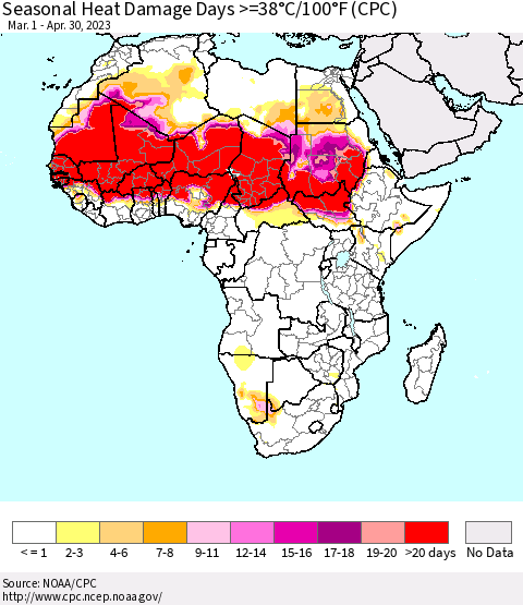 Africa Seasonal Heat Damage Days >=38°C/100°F (CPC) Thematic Map For 3/1/2023 - 4/30/2023