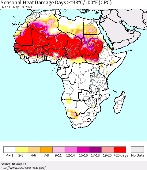 Africa Seasonal Heat Damage Days >=38°C/100°F (CPC) Thematic Map For 3/1/2023 - 5/10/2023