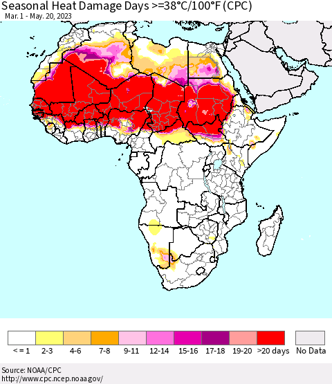Africa Seasonal Heat Damage Days >=38°C/100°F (CPC) Thematic Map For 3/1/2023 - 5/20/2023