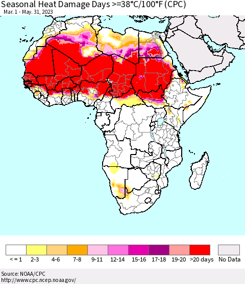 Africa Seasonal Heat Damage Days >=38°C/100°F (CPC) Thematic Map For 3/1/2023 - 5/31/2023