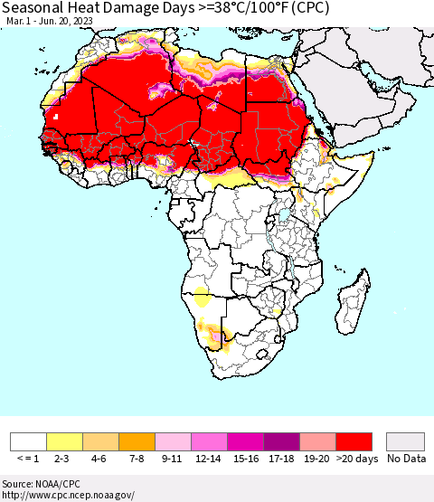 Africa Seasonal Heat Damage Days >=38°C/100°F (CPC) Thematic Map For 3/1/2023 - 6/20/2023