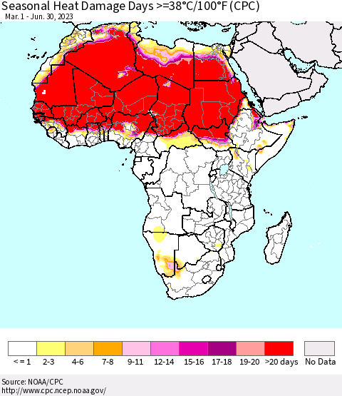 Africa Seasonal Heat Damage Days >=38°C/100°F (CPC) Thematic Map For 3/1/2023 - 6/30/2023