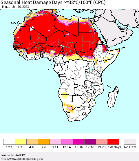 Africa Seasonal Heat Damage Days >=38°C/100°F (CPC) Thematic Map For 3/1/2023 - 7/10/2023