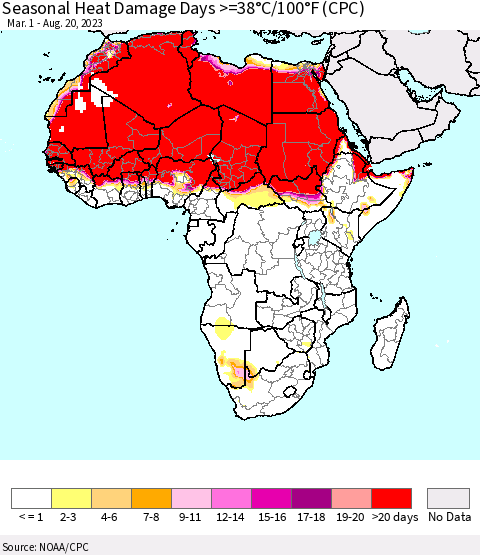 Africa Seasonal Heat Damage Days >=38°C/100°F (CPC) Thematic Map For 3/1/2023 - 8/20/2023