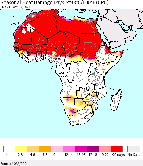 Africa Seasonal Heat Damage Days >=38°C/100°F (CPC) Thematic Map For 3/1/2023 - 10/10/2023