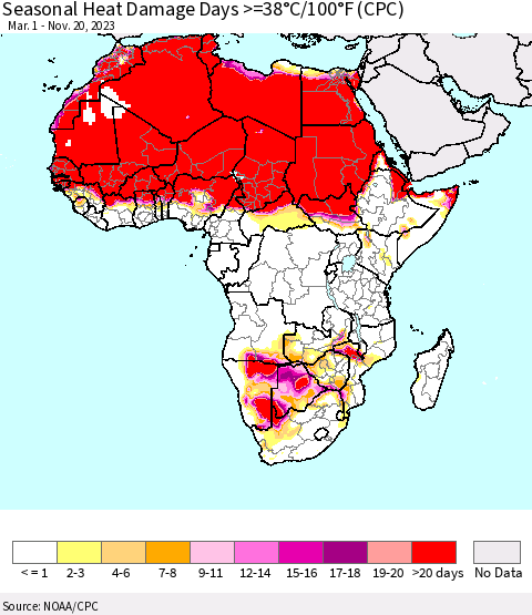Africa Seasonal Heat Damage Days >=38°C/100°F (CPC) Thematic Map For 3/1/2023 - 11/20/2023