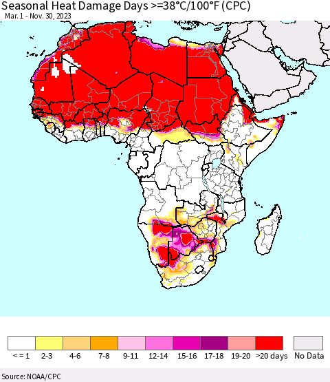 Africa Seasonal Heat Damage Days >=38°C/100°F (CPC) Thematic Map For 3/1/2023 - 11/30/2023