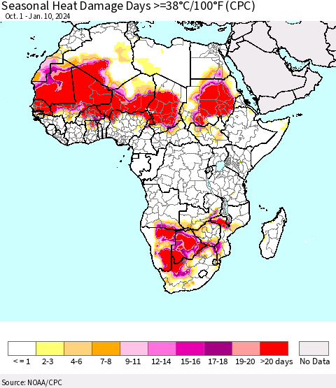 Africa Seasonal Heat Damage Days >=38°C/100°F (CPC) Thematic Map For 10/1/2023 - 1/10/2024