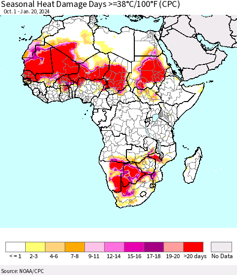 Africa Seasonal Heat Damage Days >=38°C/100°F (CPC) Thematic Map For 10/1/2023 - 1/20/2024