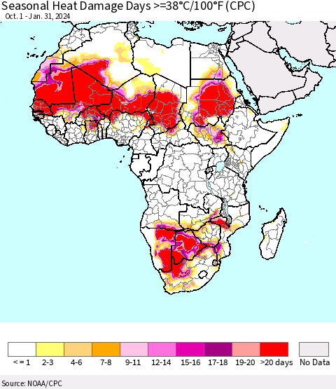 Africa Seasonal Heat Damage Days >=38°C/100°F (CPC) Thematic Map For 10/1/2023 - 1/31/2024