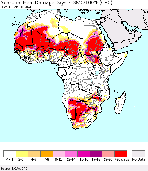 Africa Seasonal Heat Damage Days >=38°C/100°F (CPC) Thematic Map For 10/1/2023 - 2/10/2024