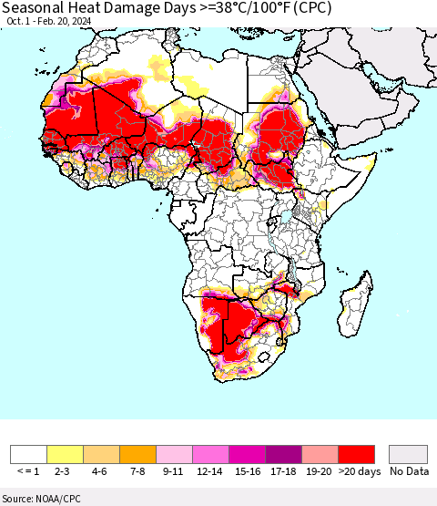 Africa Seasonal Heat Damage Days >=38°C/100°F (CPC) Thematic Map For 10/1/2023 - 2/20/2024