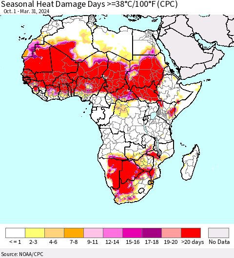 Africa Seasonal Heat Damage Days >=38°C/100°F (CPC) Thematic Map For 10/1/2023 - 3/31/2024