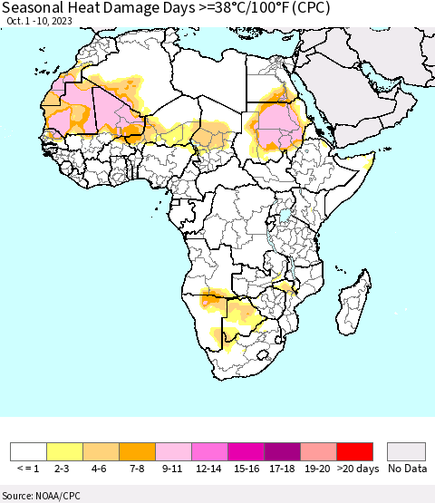Africa Seasonal Heat Damage Days >=38°C/100°F (CPC) Thematic Map For 10/1/2023 - 10/10/2023