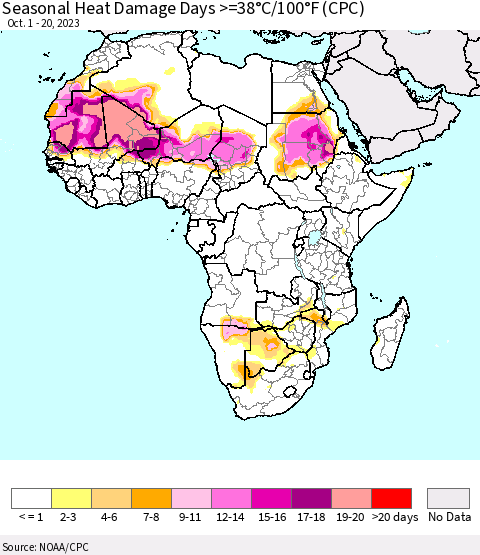 Africa Seasonal Heat Damage Days >=38°C/100°F (CPC) Thematic Map For 10/1/2023 - 10/20/2023